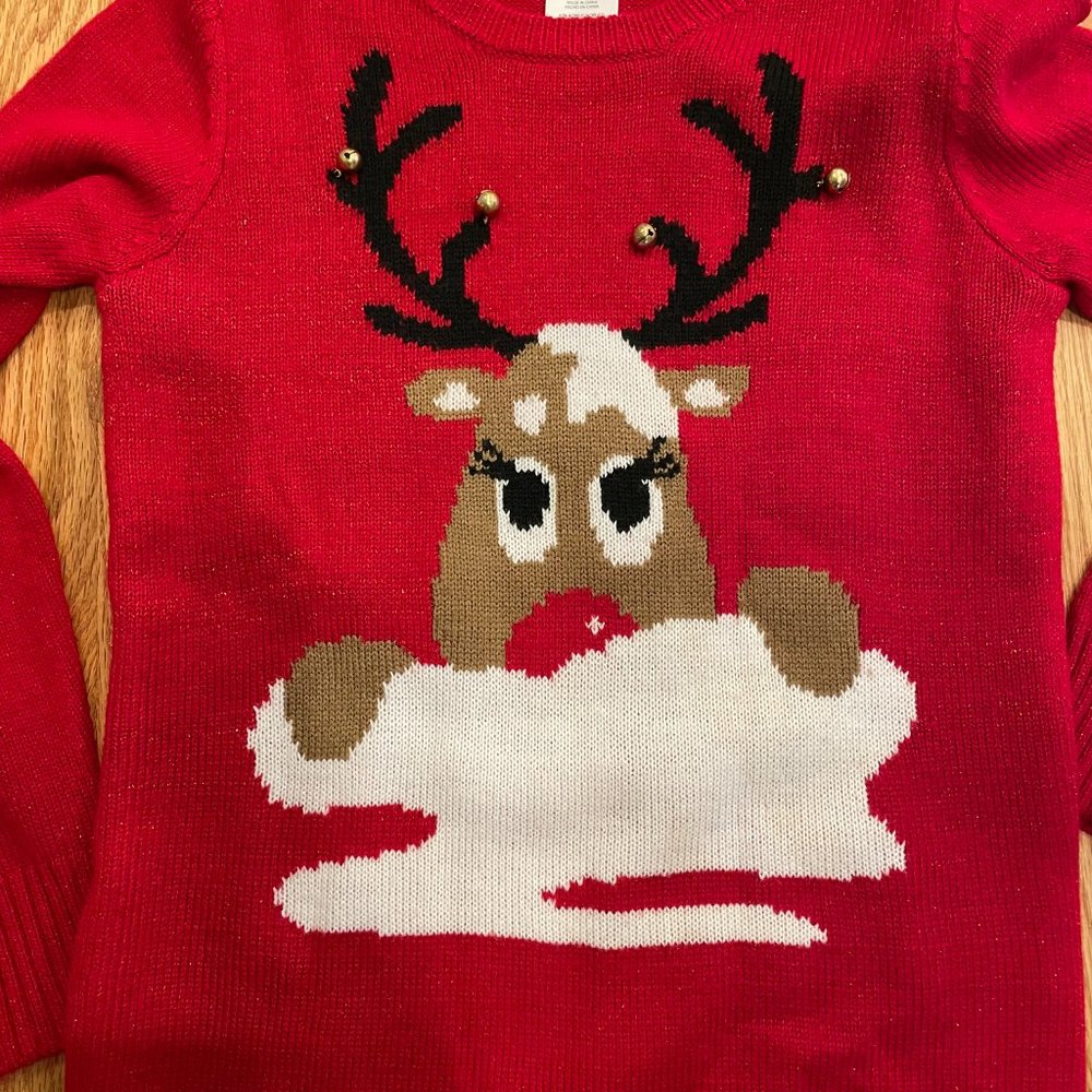 Women’s Red Reindeer Jingle Bells Metallic Shimmer Christmas Sweater Size Sm 4-6 - Picture 2 of 7